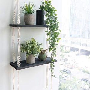 Macrame and wood two tier floating shelf